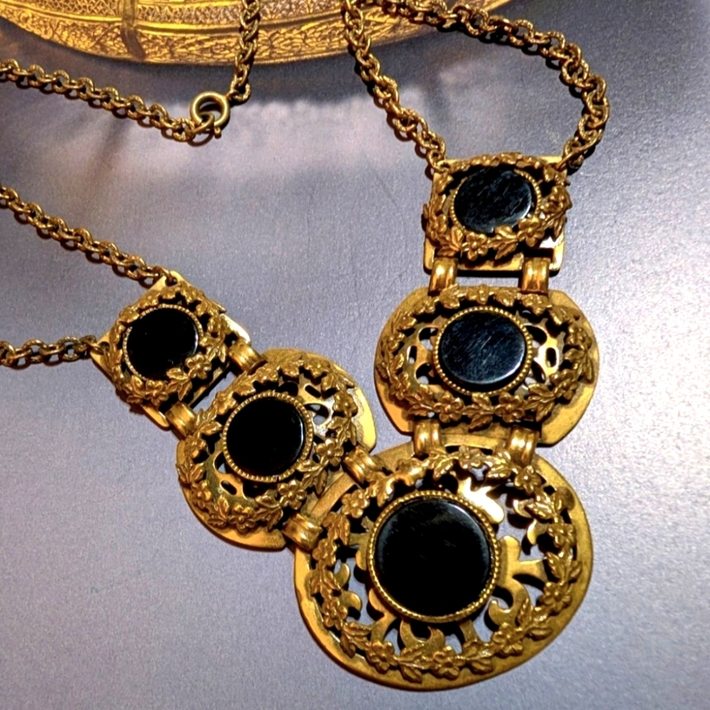 Victorian Mourning Onyx Forget Me Not Wreath Necklace ~ Antique